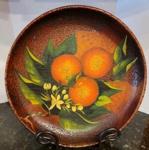 Antique American Folk Art Handpainted Pioneer Bowl Oranges & Flowers Still Life